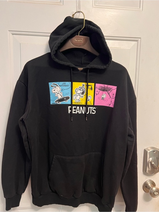 Peanuts Tops - Peanuts Snoopy Hoodie Womens Large Black Graphic Fleece Pullover Kangaroo Pocket